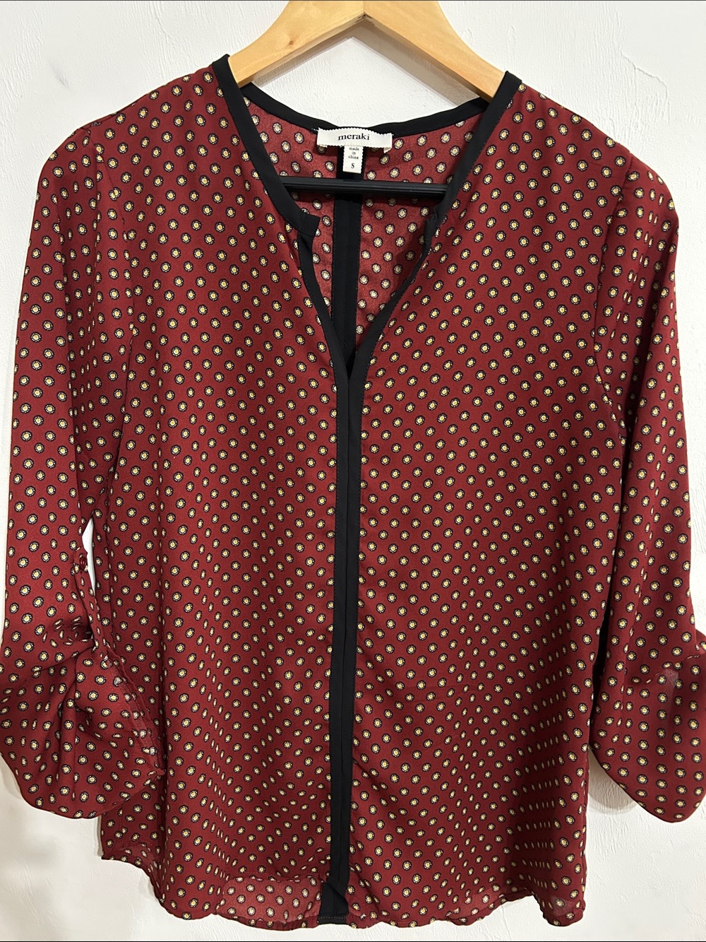 Meraki Burgundy Printed Dots V-Neck Blouse with Black Trim Size S